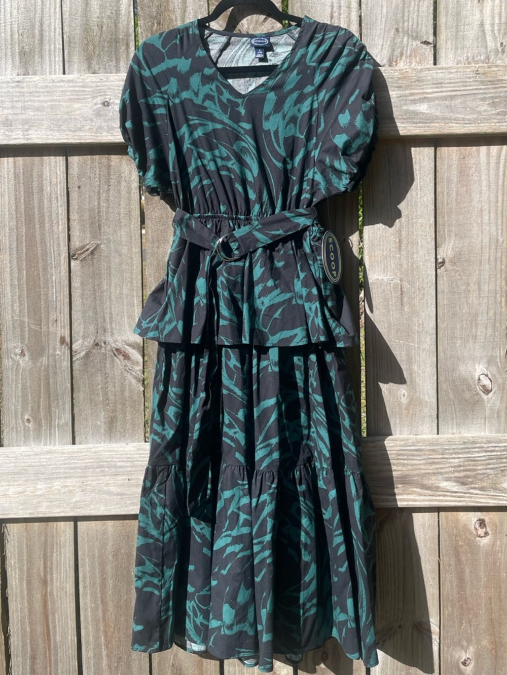 Scoop Black and Teal Printed cotton Midi Dress with Belt Size S NWT
